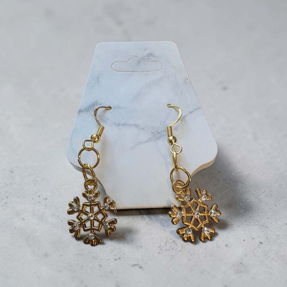 Gold Tone Snowflake Dangle Earrings with Rhinestones